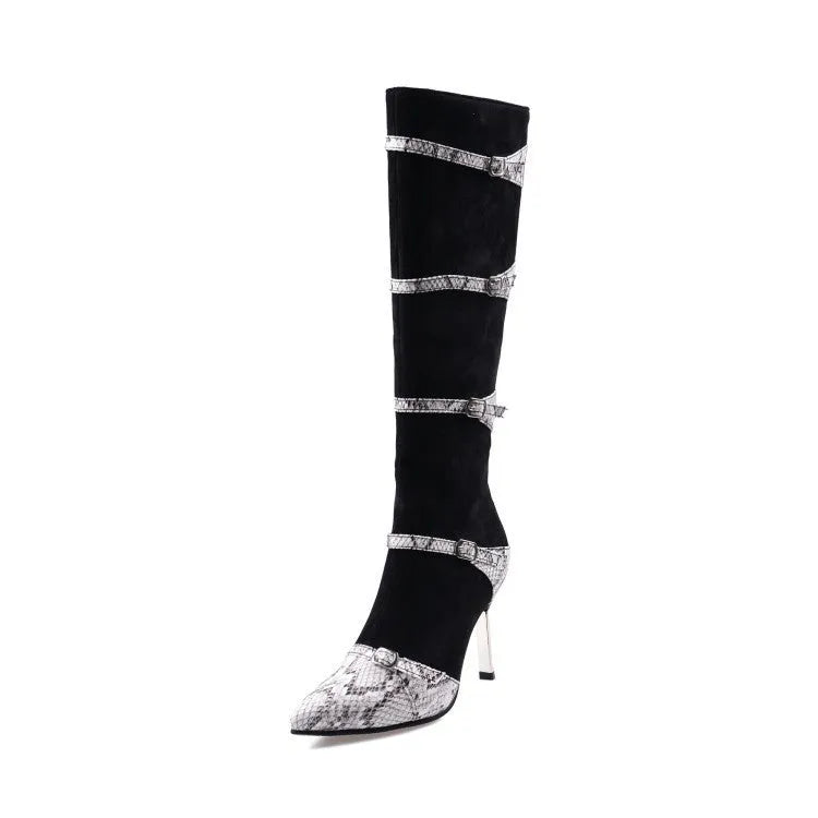Women's black knee high boots with thin high heels and velvet lining