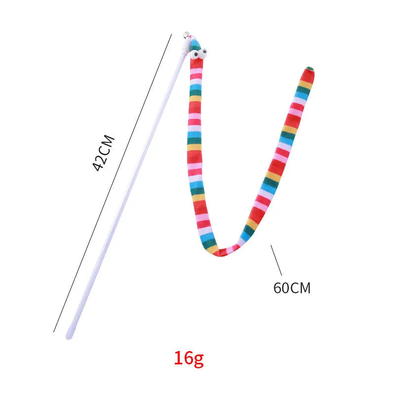 Cat wand toy with long plush strip teaser in green, orange, or rainbow colours.