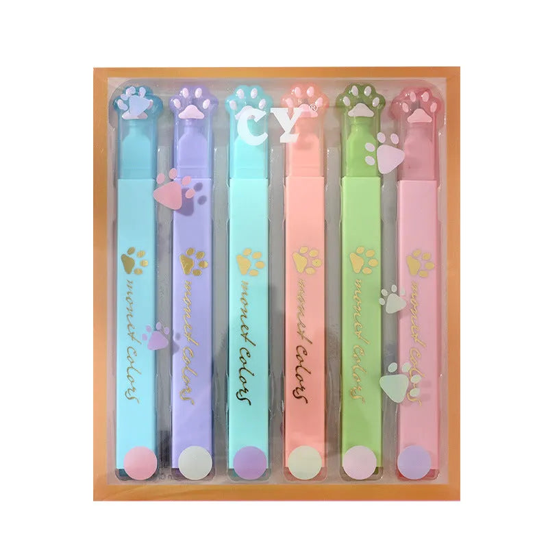 Box containing six Cat's Paw fluorescent marking pens with oblique nibs in assorted colours.