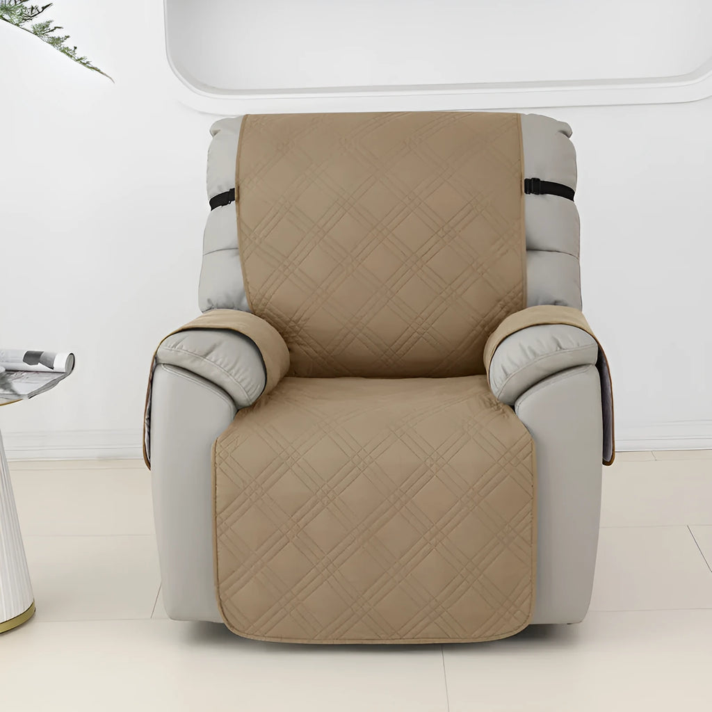 Quilted waterproof sofa cover for a Chivas massage chair in a burgundy colour, showing three-line stitching detail.