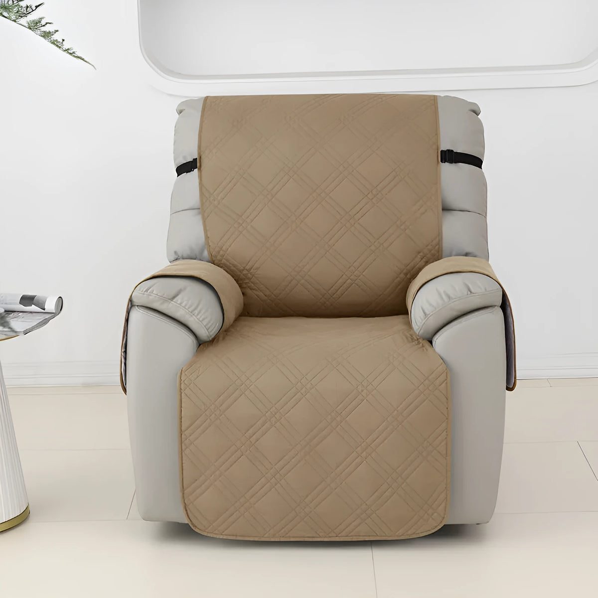 Quilted waterproof sofa cover for a Chivas massage chair in a burgundy colour, showing three-line stitching detail.
