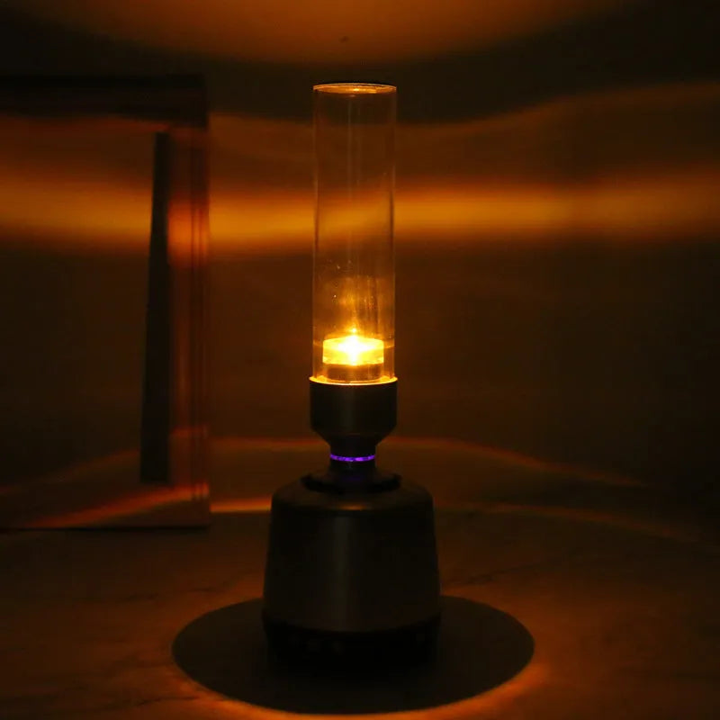 White silver Bluetooth speaker with candlelight-style atmosphere night light, 277mm tall