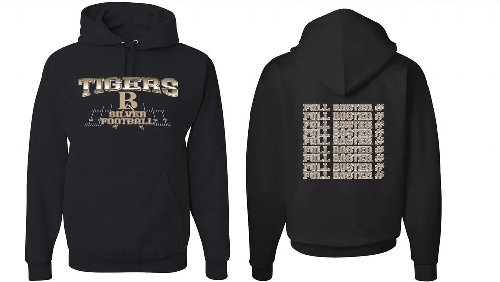 Black drop-shoulder pullover hoodie with long sleeves on a size chart background.