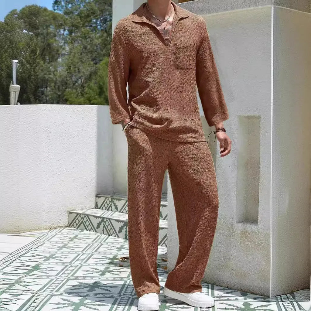 Men's casual shirt and trouser suit set in polyester fabric, shown in lake blue colour.