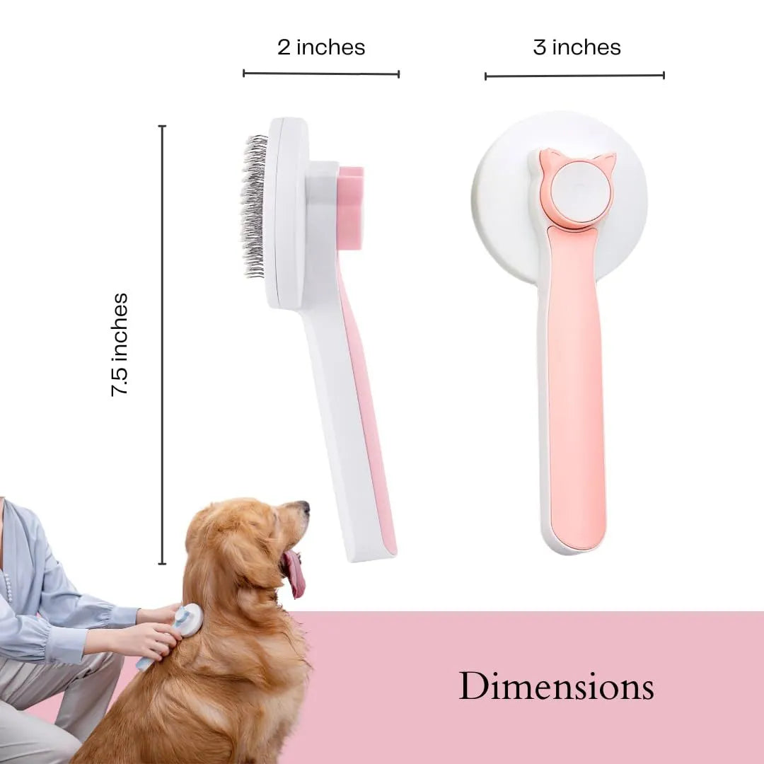 Blue self-cleaning slicker brush for dogs and cats on a wooden surface