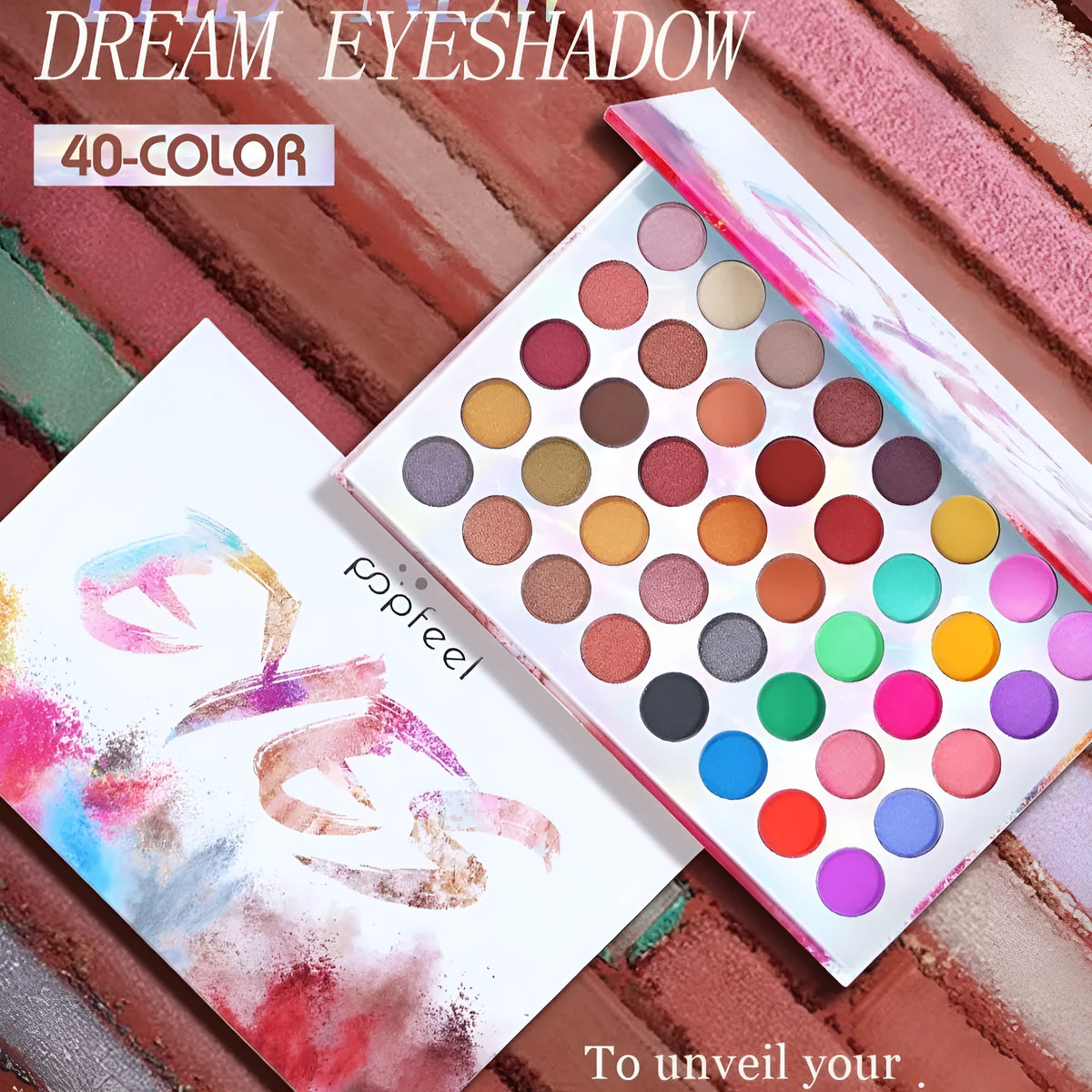 Shimmer matte eye shadow palette with eight shades including purple, blue, black, sky blue, caramel, watermelon red, cameo brown, and peacock blue