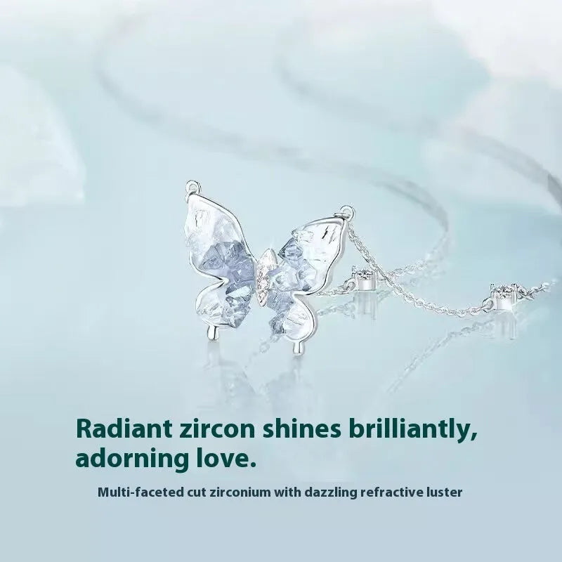 S925 silver necklace with ice rain butterfly pendant on adjustable O-ring chain
