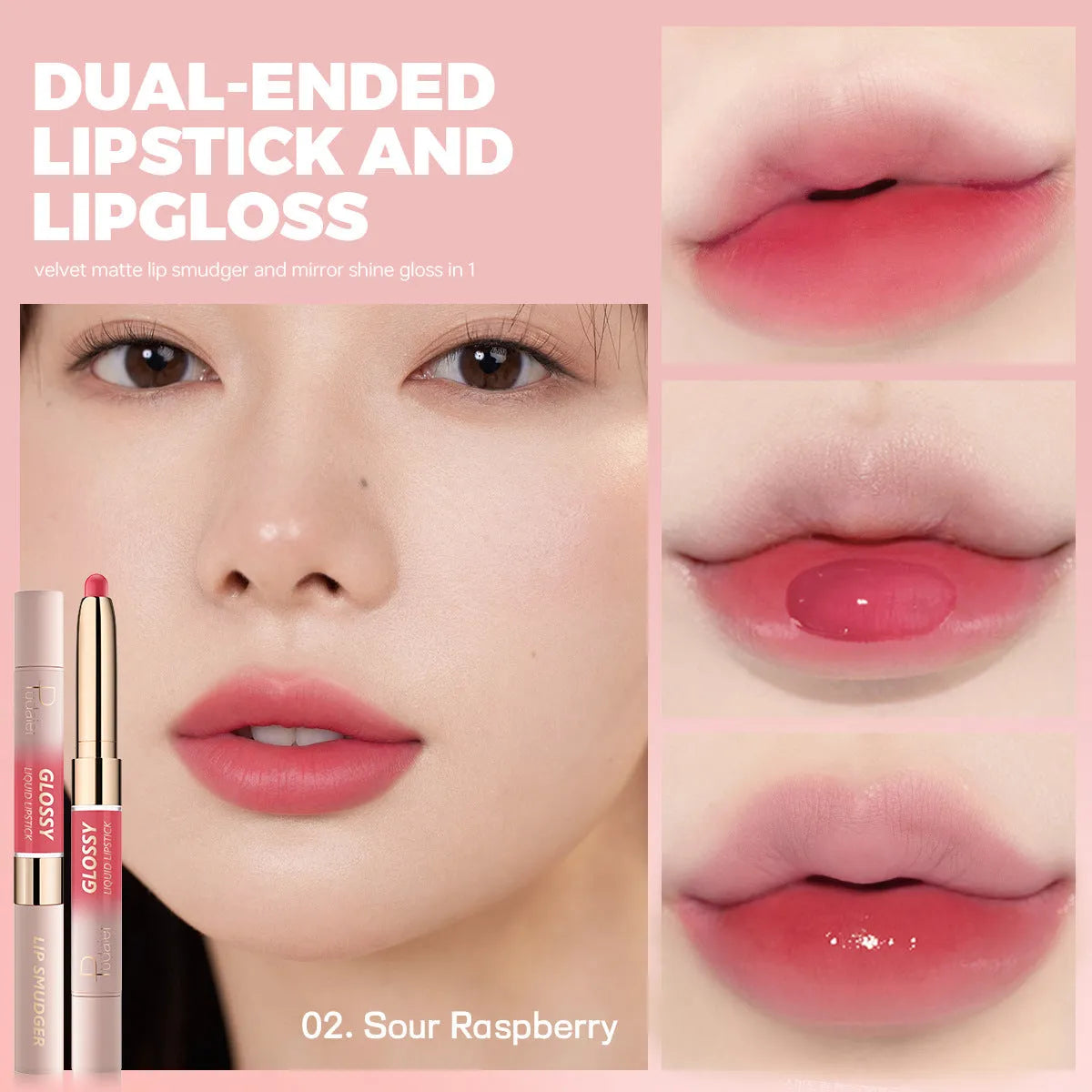 Double-headed matte finish lipstick lip gloss in one of ten colour shades with non-stick cup applicator.