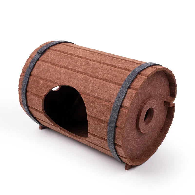 Assembled wine barrel shaped pet bed made from polyester fibre felt for cats