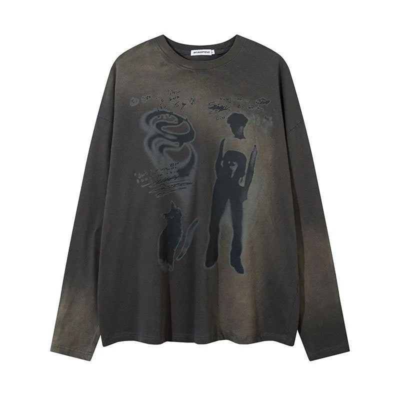 Women's loose dark grey cotton pullover top with drop-shoulder sleeves and letter print