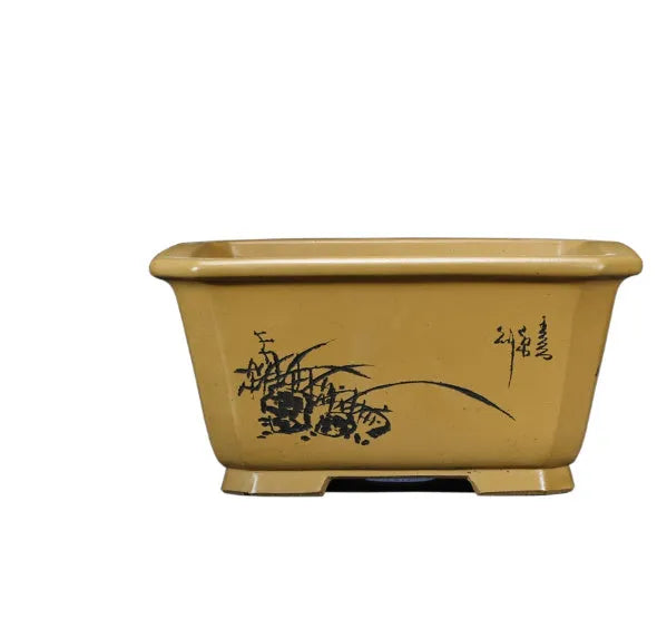 Chinese style purple clay bonsai flower pot in antique carved design for indoor living room plant display