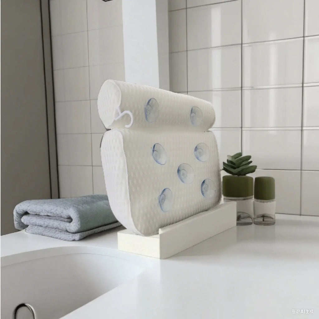 White bathtub pillow with 4D mesh and seven suction cups on a bath mat.
