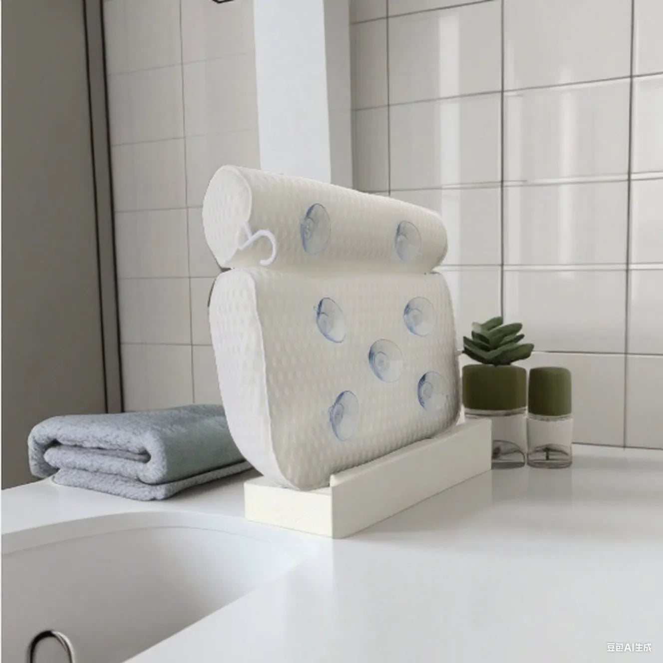 White bathtub pillow with 4D mesh and seven suction cups on a bath mat.