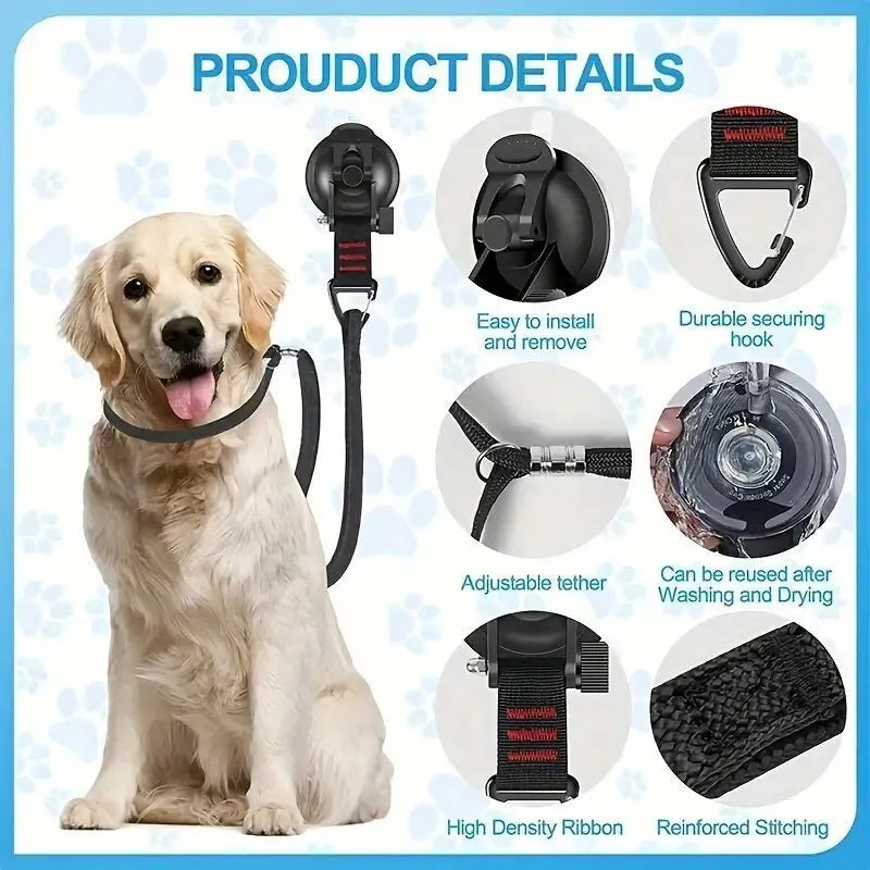 Pet bathing restraint system with suction cups and handcuff-style ties in black and blue colour options