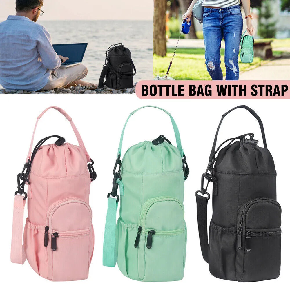 Cloth water bottle crossbody shoulder bag in black, green or pink colours with adjustable strap