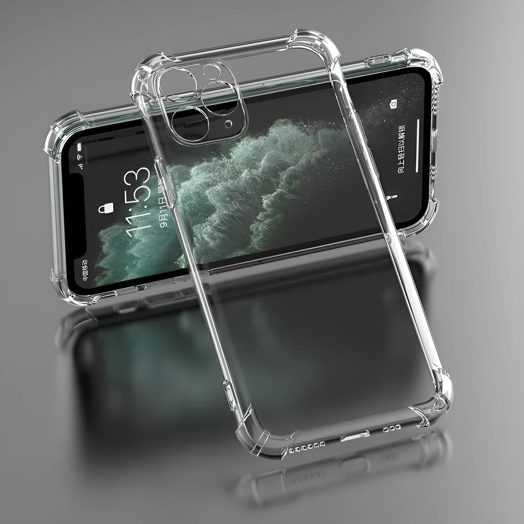 Clear transparent TPU shockproof phone case for Apple iPhone, showing front and back views.