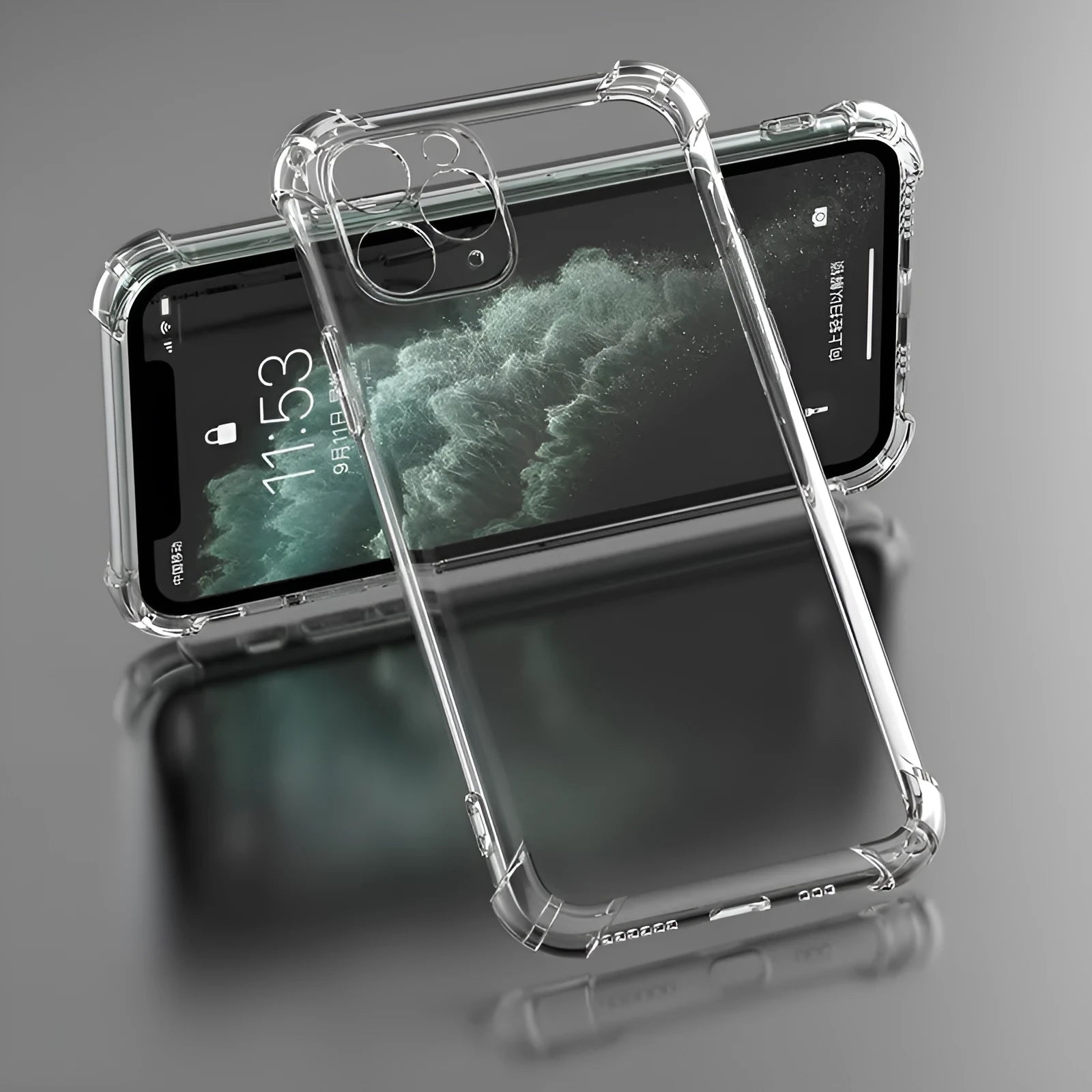 Clear transparent TPU shockproof phone case for Apple iPhone, showing front and back views.