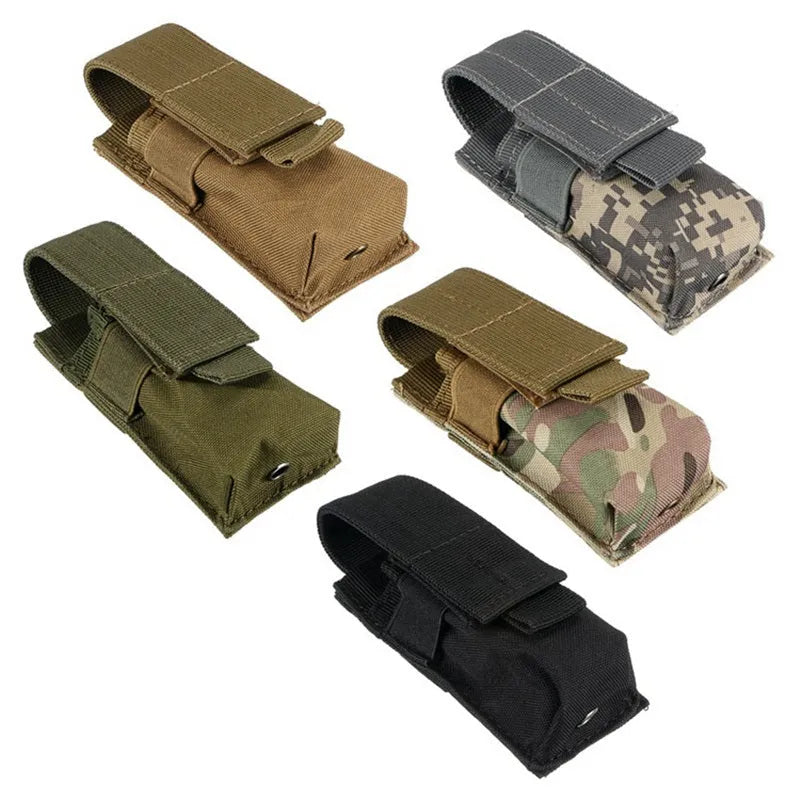Tactical MOLLE pouch in army green with elastic cord closure, shown attached to webbing.