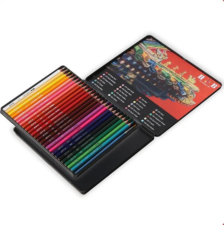 Water-soluble coloured pencil set with 24 colours in iron box, wooden pencils for dry and wet media artwork