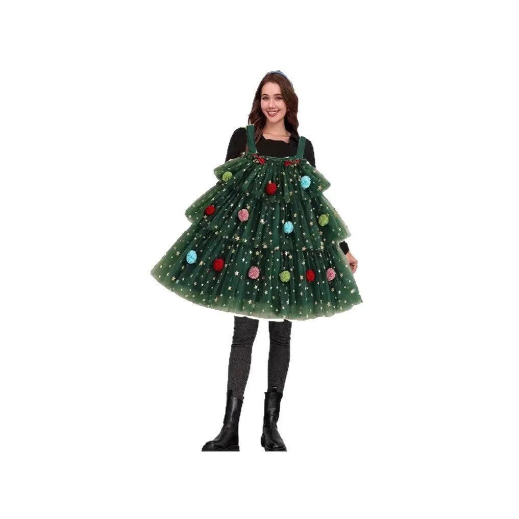 Green polka dot suspender dress with Christmas tree pattern and multi-layer tiered skirt