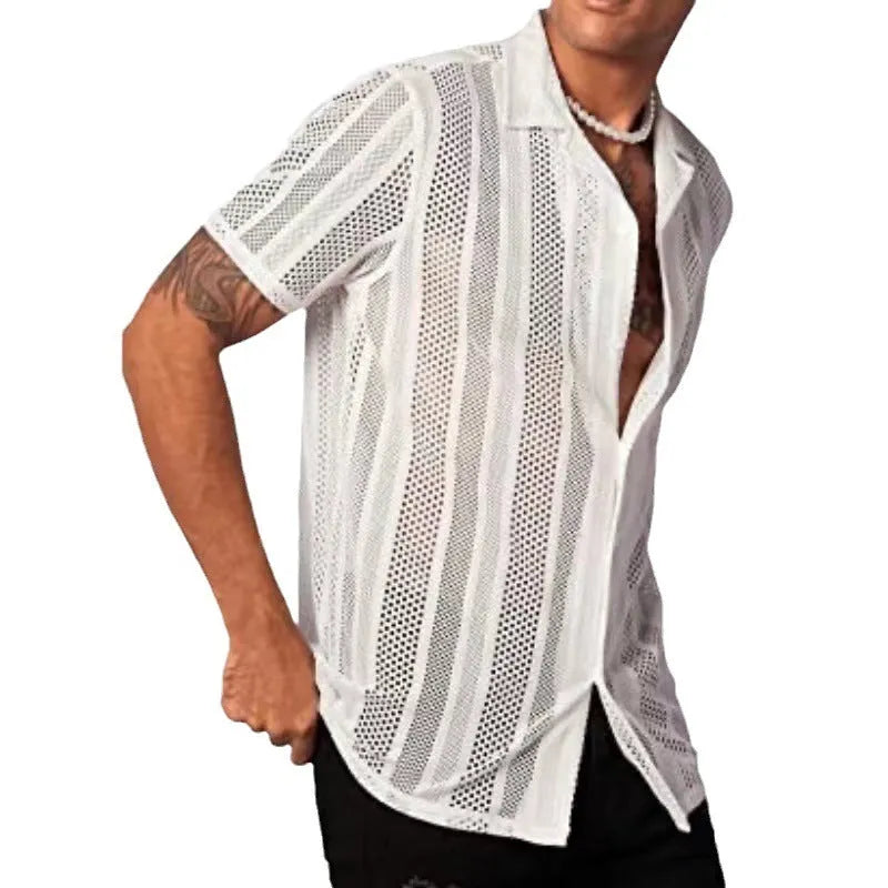 Men's short-sleeved knitted button shirt in black or white with jacquard texture and regular fit
