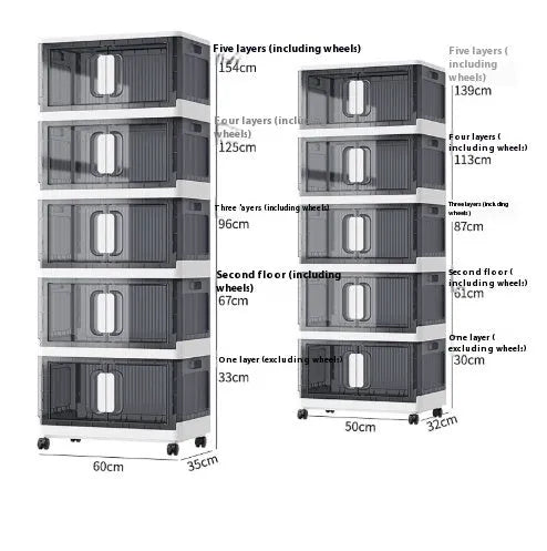 A foldable white storage locker on wheels with multiple shelves, closed doors, for household shoe and toy storage.