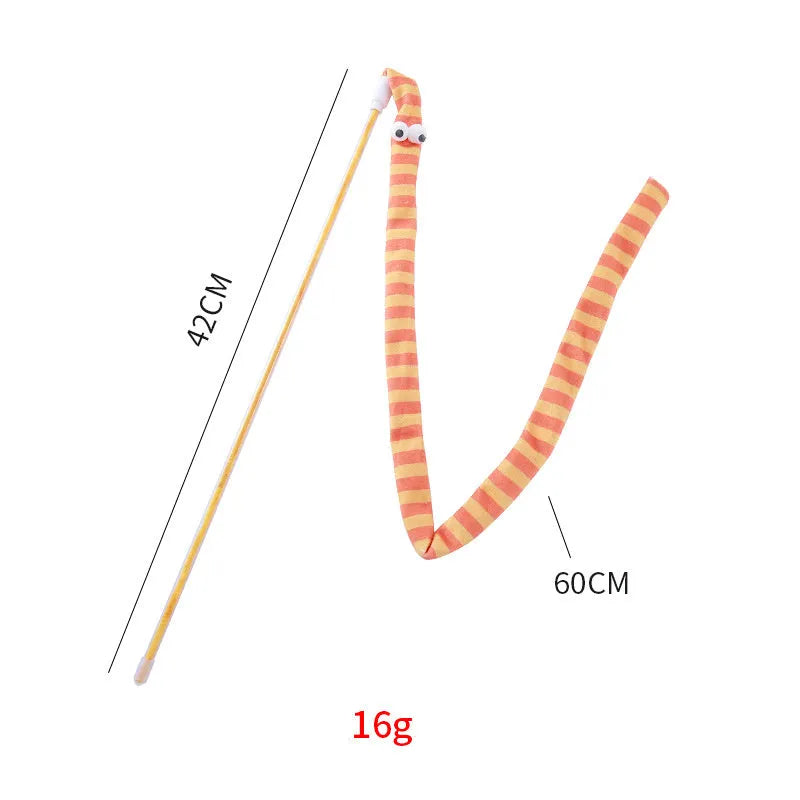 Cat wand toy with long plush strip teaser in green, orange, or rainbow colours.