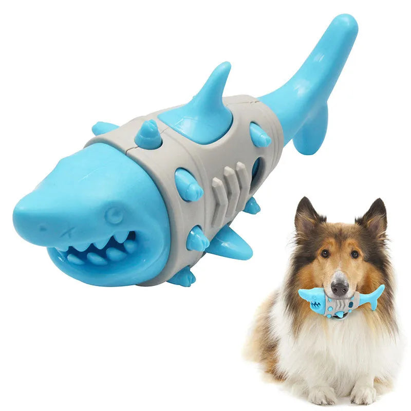 Blue, grey, and yellow shark-tooth shaped dog teething toy with textured surface