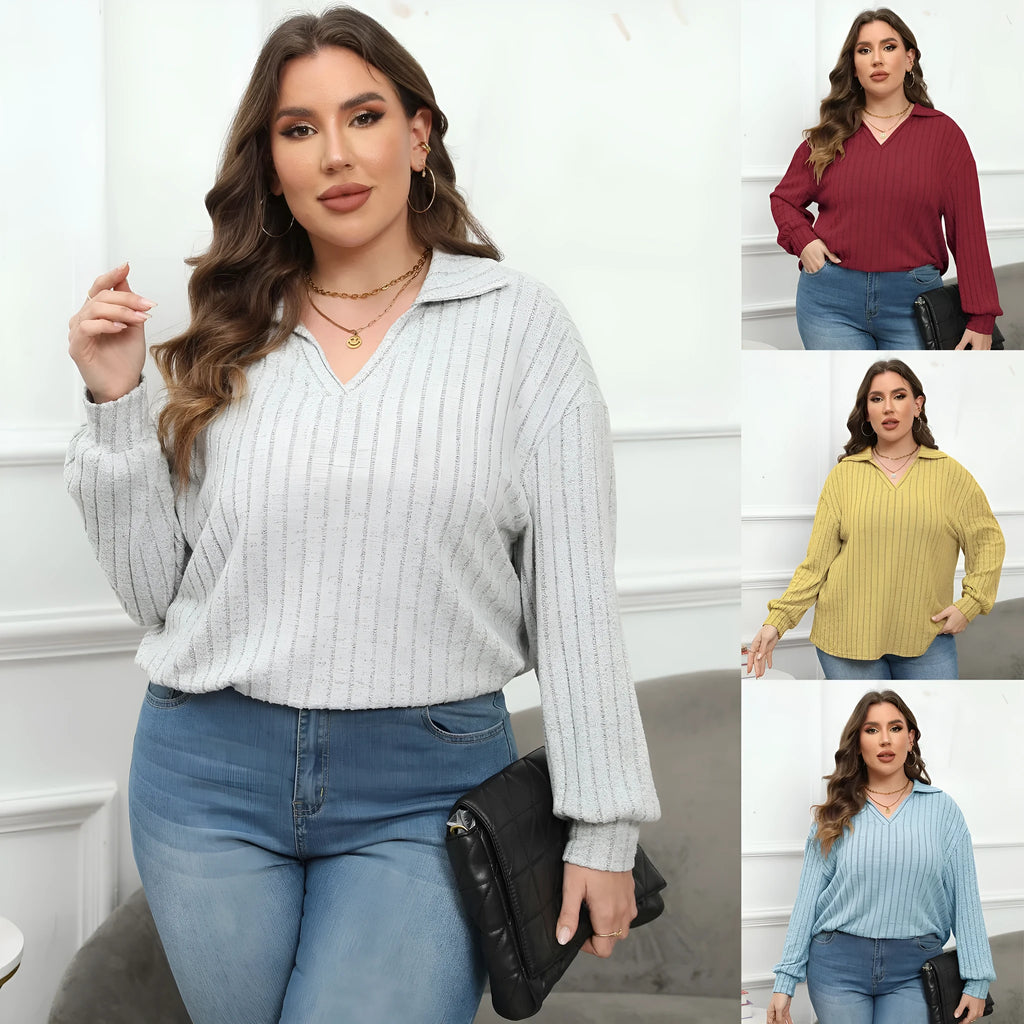 Women's plus size grey polo collar fleece pullover with lantern sleeves, Gothic street fashion style