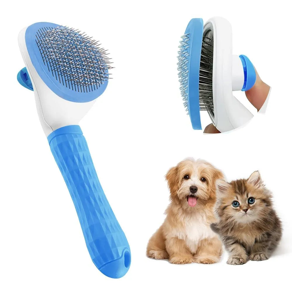 Blue cat grooming brush with a release button and fine wire bristles for pet hair removal.