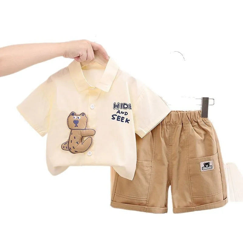Boys' cotton short sleeve shirt and trousers set in solid colour, shown in four colourways and five sizes from 80cm to 120cm