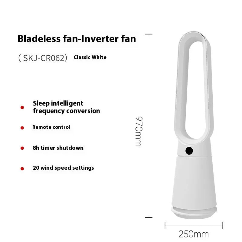 White SK bladeless tower floor fan with remote control on a wooden floor next to a desk.