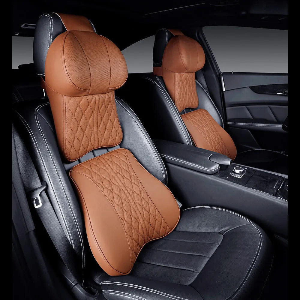 Car neck pillow and lumbar support pillow set with wavy embroidery in a choice of colours.