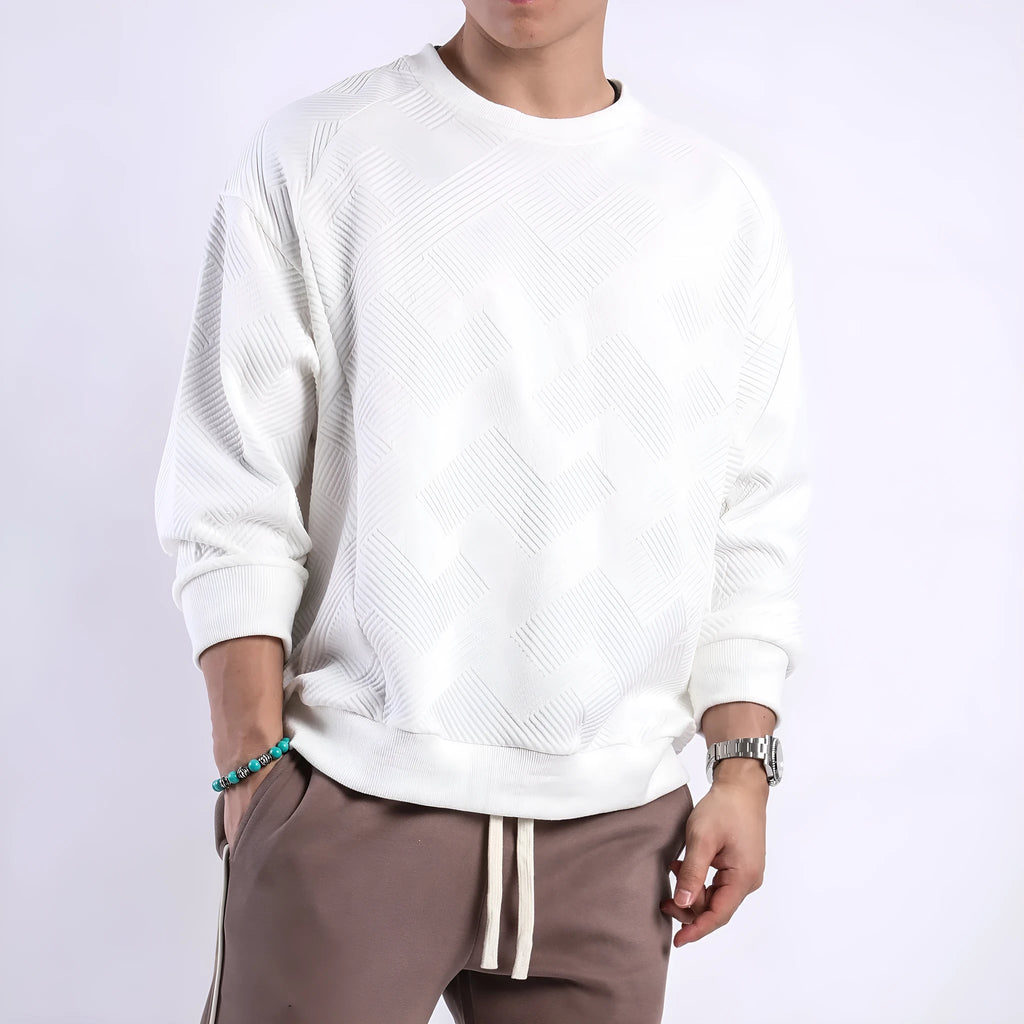 Men's loose fit twill Jacquard pullover sweater in army green, shown on a model.