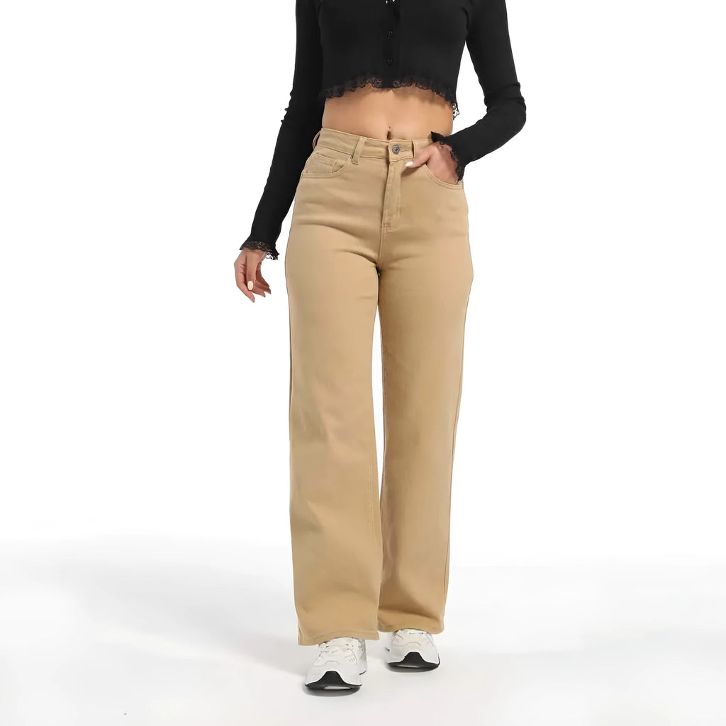 Women's high-waist wide-leg jeans in apricot colour, laid flat to show straight leg cut.