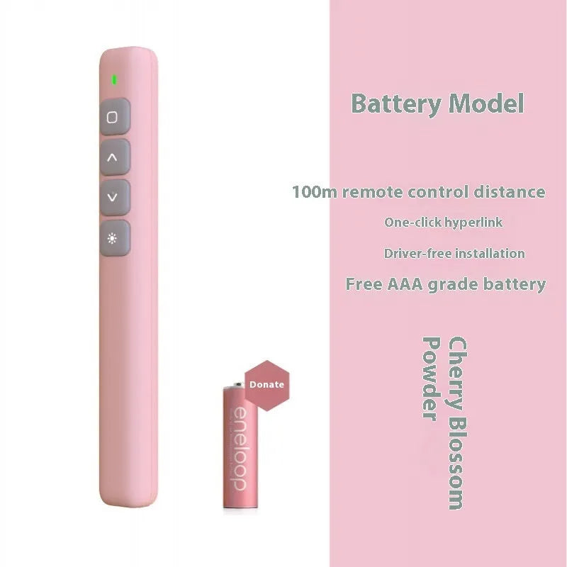 A whiteboard remote control pen with a universal USB receiver, shown in black, white, and pink colour options.