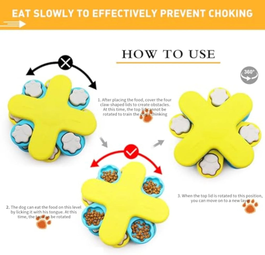 Yellow three-layer rotating dog puzzle feeder with claw-shaped lids and anti-slip base