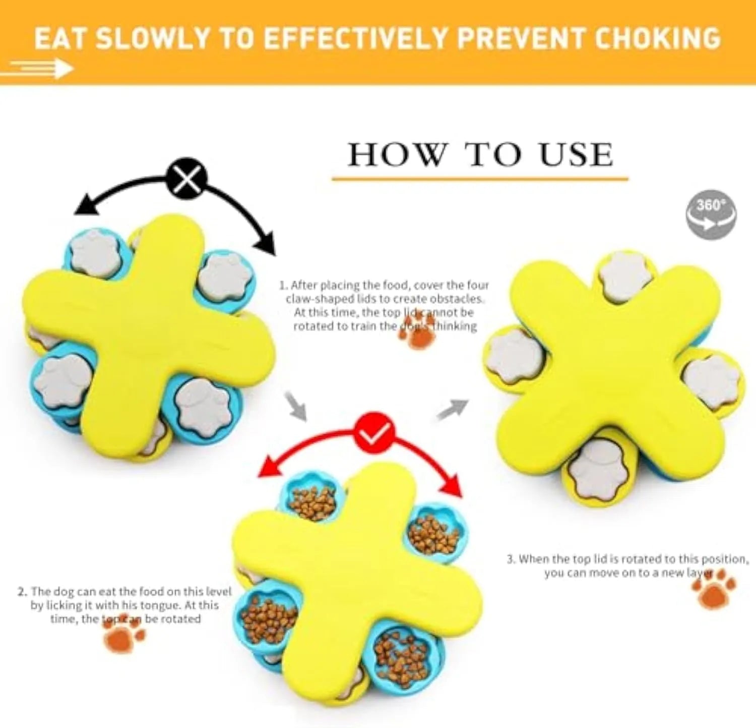 Yellow three-layer rotating dog puzzle feeder with claw-shaped lids and anti-slip base