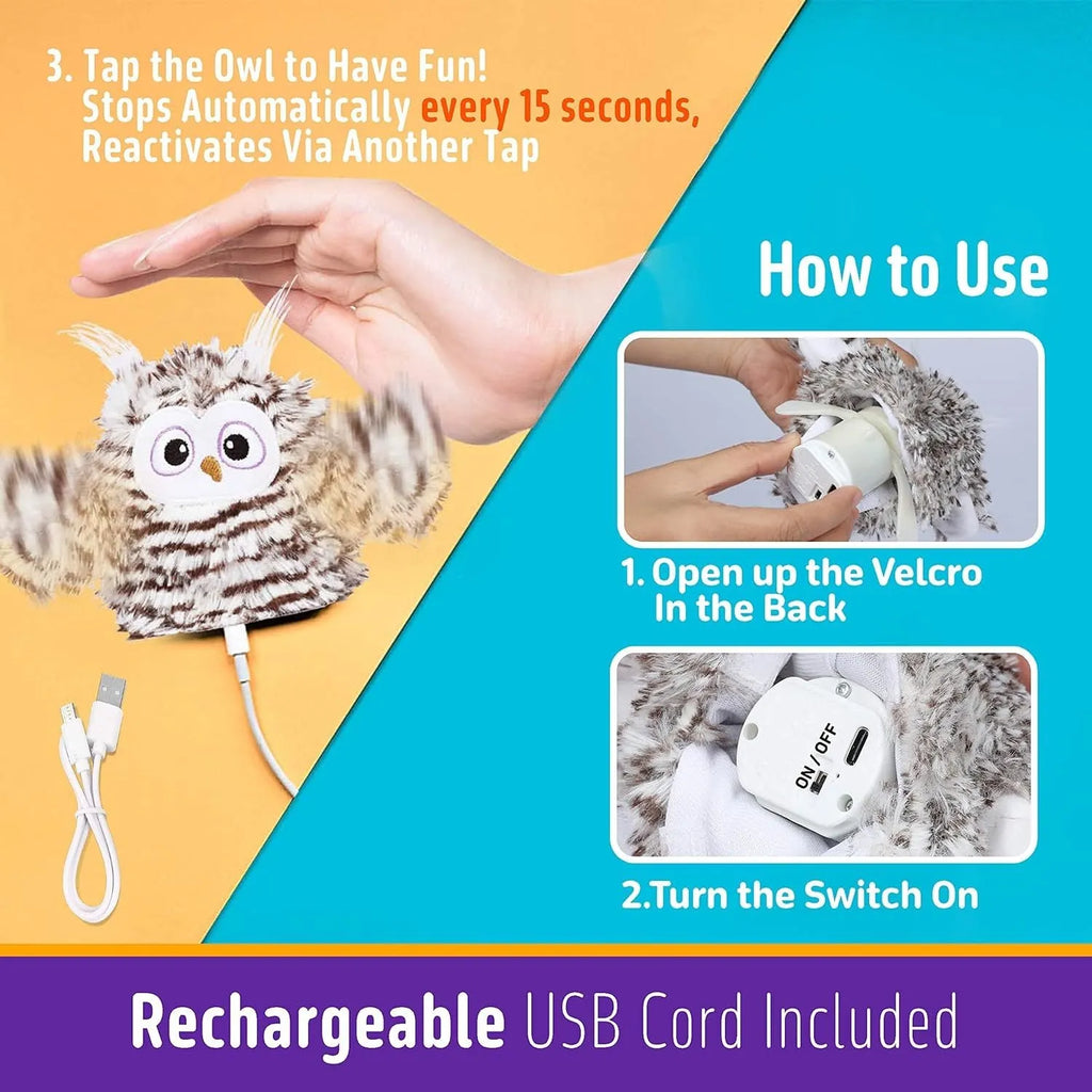 Grey automatic owl cat toy with flapping wings for indoor feline play