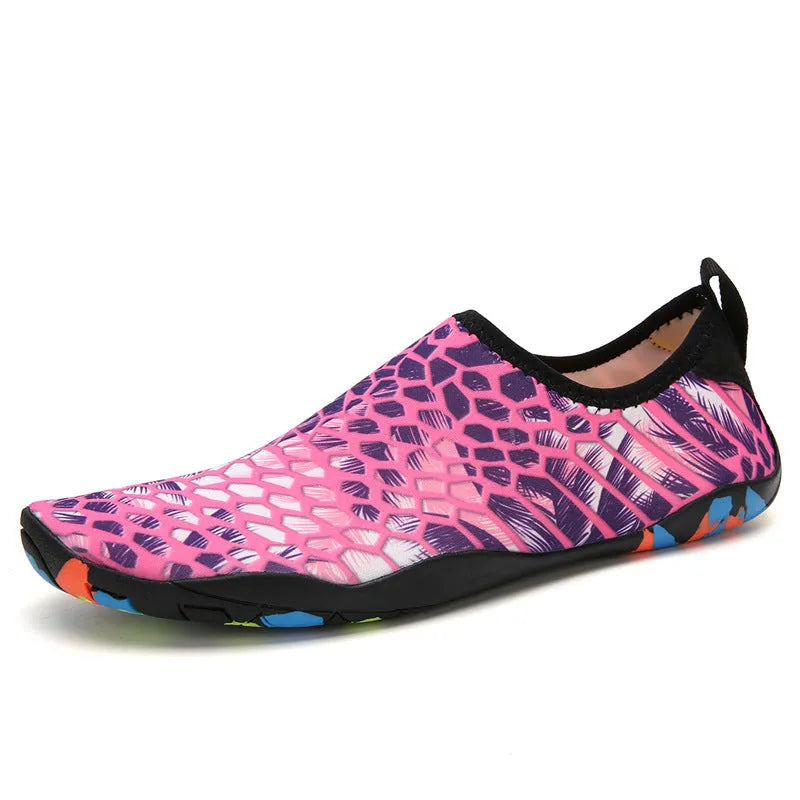 Lycra fabric beach wading shoes with EVA midsoles for men and women, shown in multiple colours