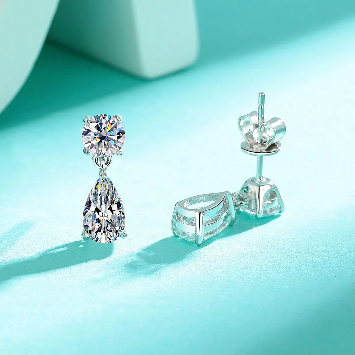 925 sterling silver geometric moissanite stud earrings with round and water drop stones in gold or silver plating