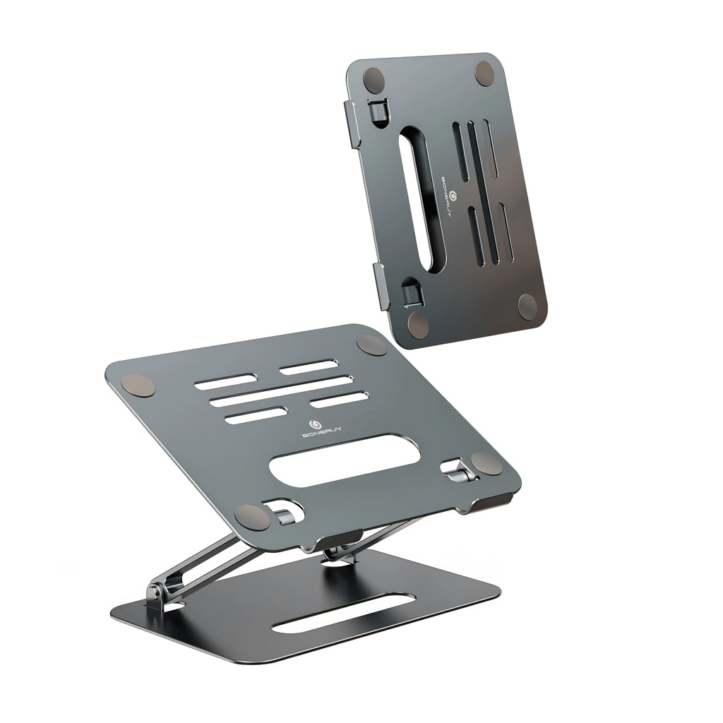Aluminium alloy double-layer computer stand, 24.9cm x 22cm x 2.7cm, grey silver desktop riser with heat sink
