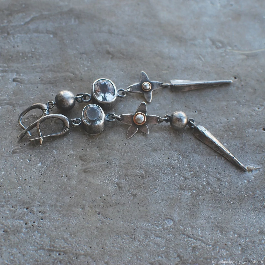 Geometric antique silver plated earrings with long XINGX pendant and rhinestone details