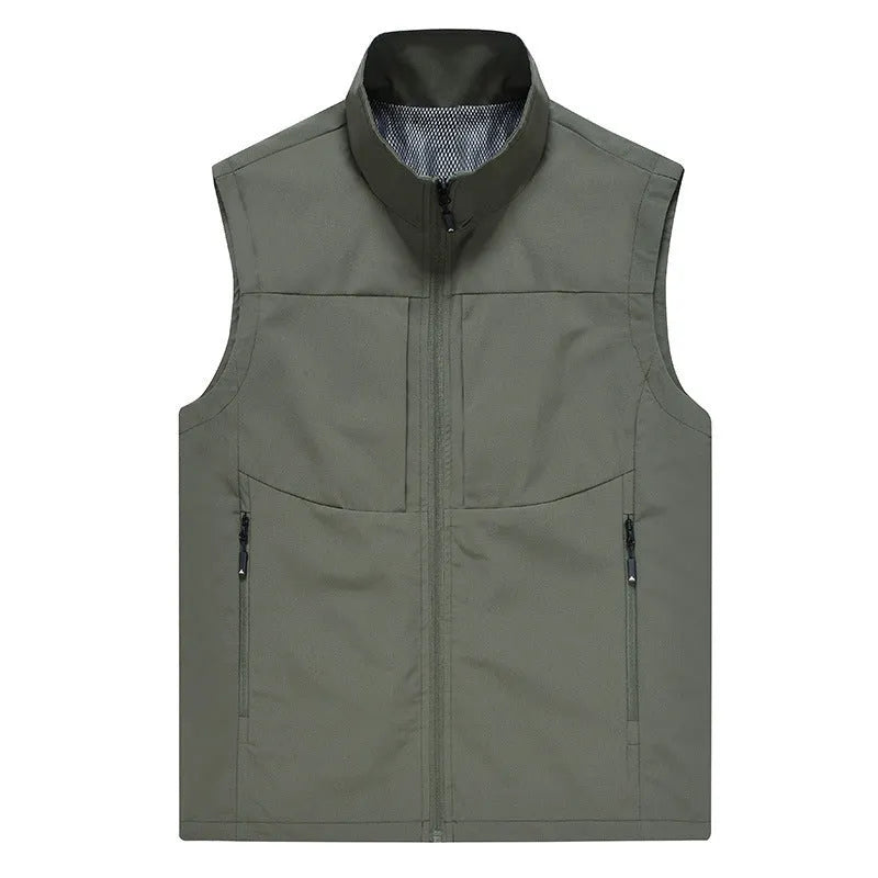 Men's loose-fit outdoor cardigan vest with stand collar and zipper pockets in Army Green colour.