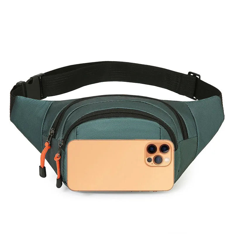 Large capacity waterproof slanted chest bag in black, grey, blue, and green colours.