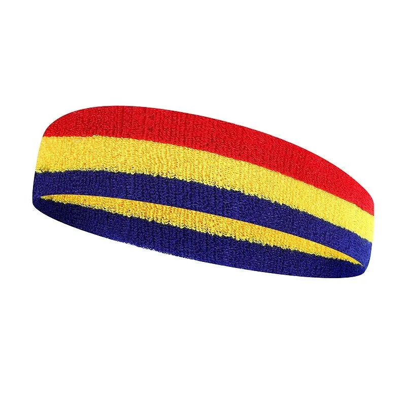 Adult sports headband in multiple colour combinations including black red yellow and blue white red.