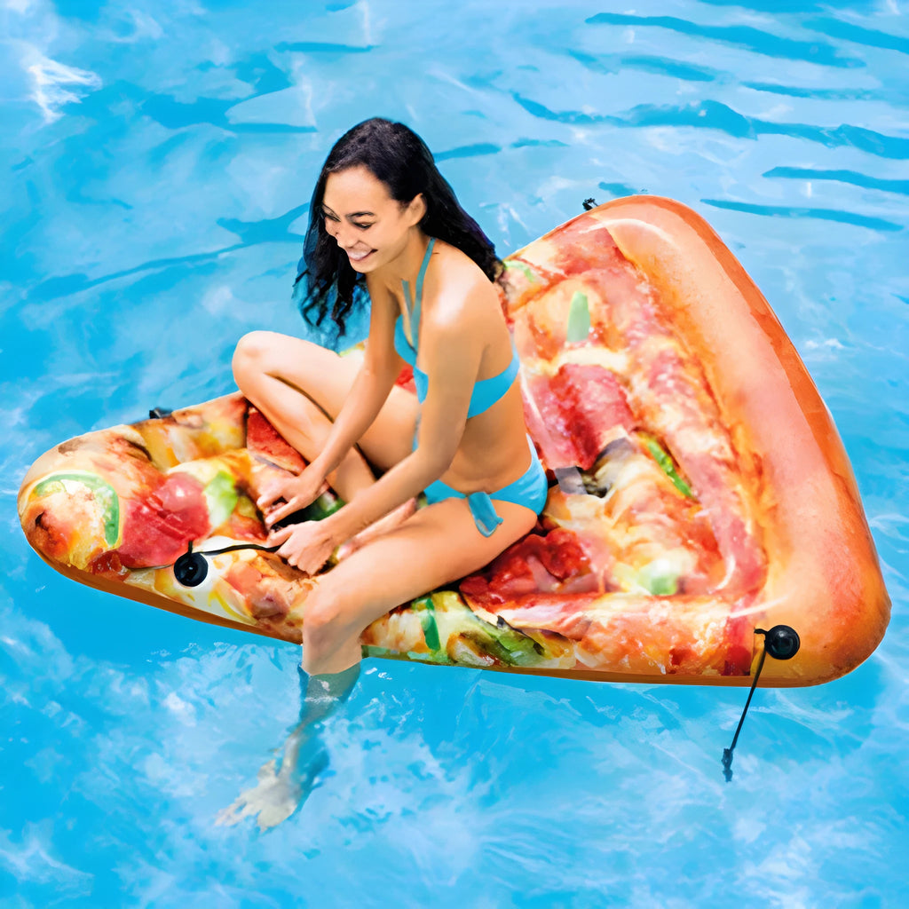 Large inflatable pizza slice surfboard float for swimming pools
