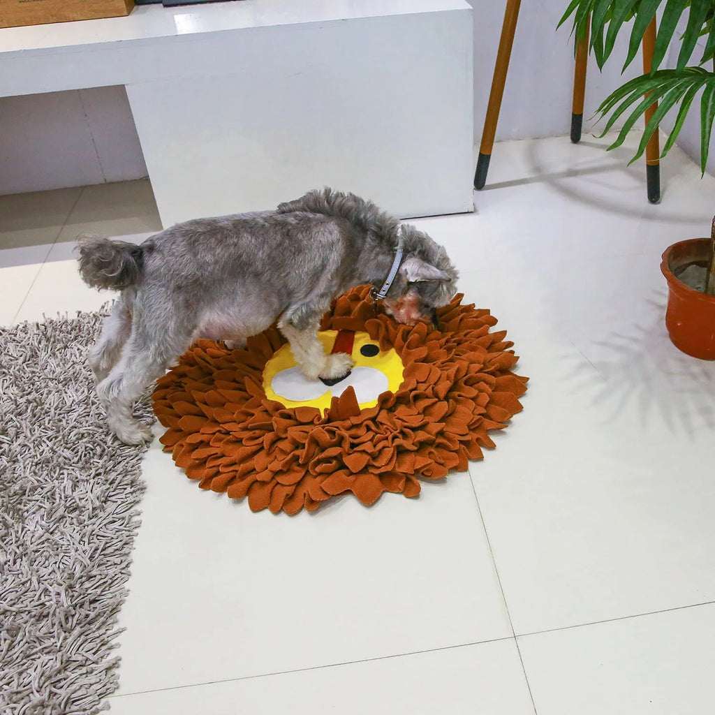 Brown lion design pet sniffing pad with textured fleece surface for hiding food