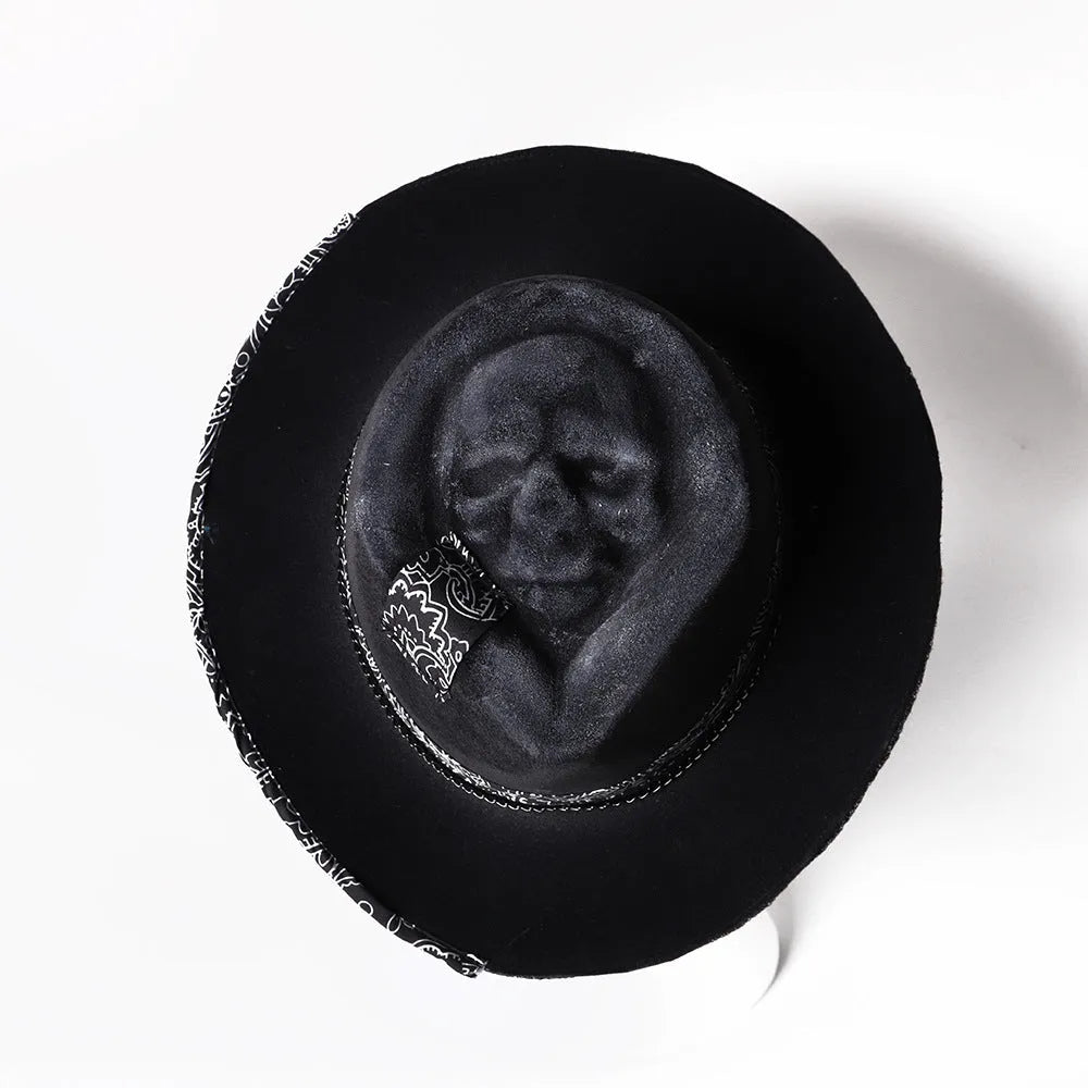 Handmade wool felt and denim conical crown skull hat for Halloween costume