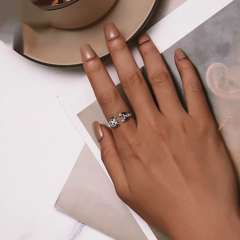 Adjustable sterling silver ring with panda design and white gold plating